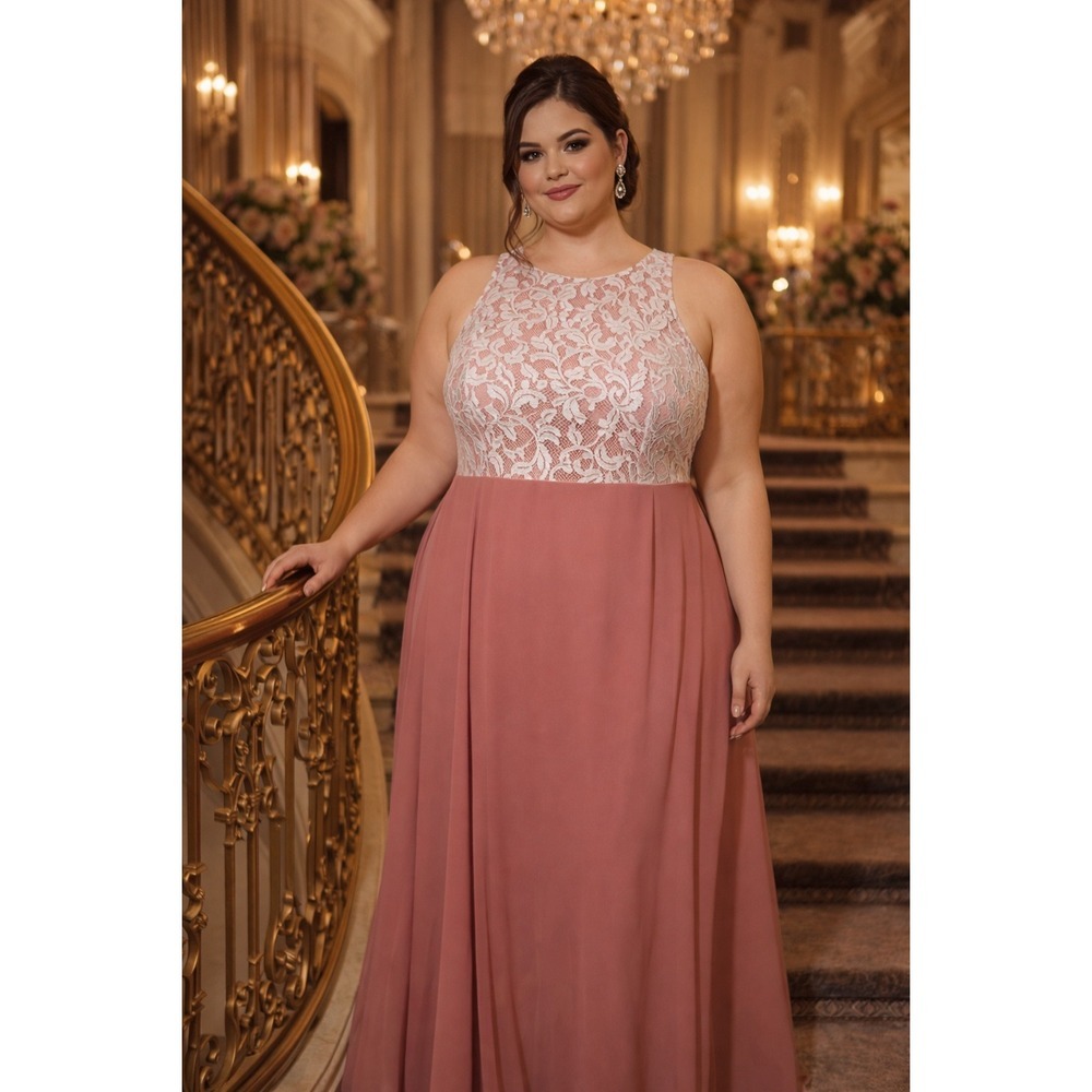 Azazie Rose Lace Bodice Chiffon Skirt Maxi Dress Formal Evening Gown Size A 20